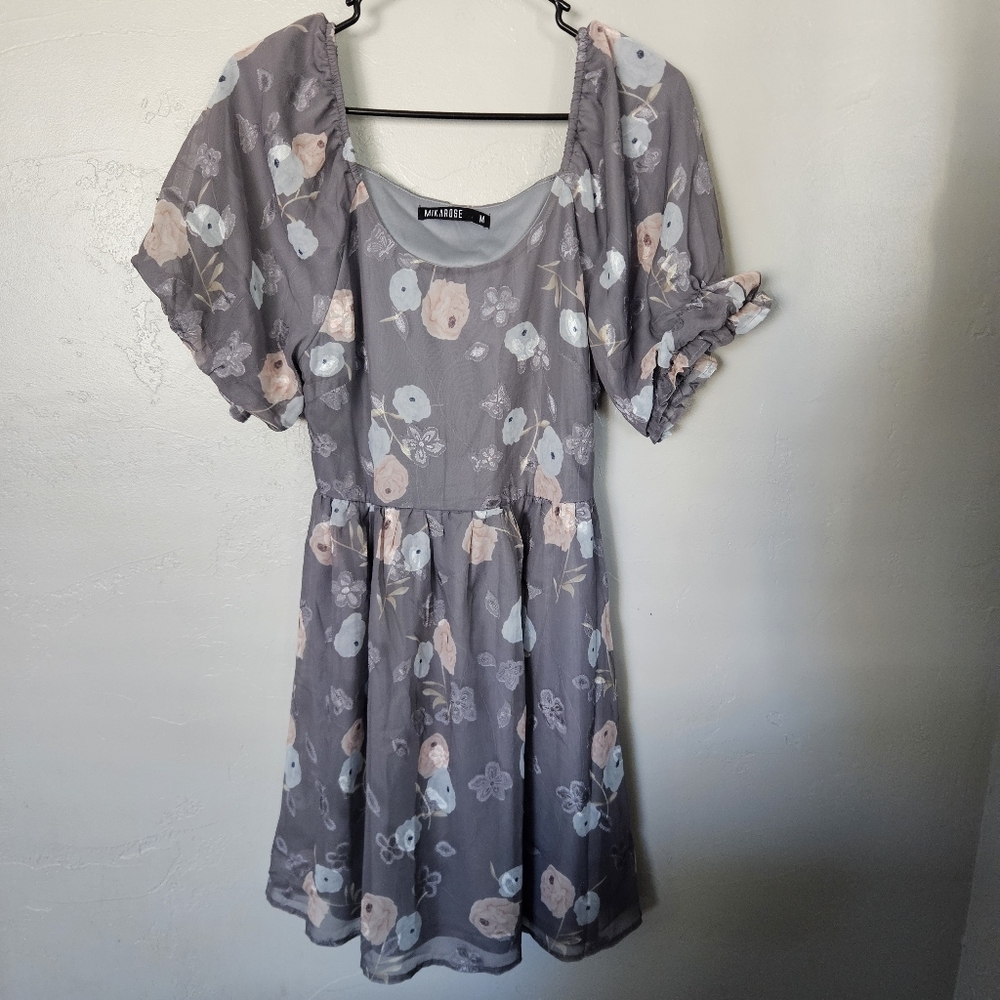 Mikarose Women's Medium Grey Pink Floral Puff Sleeve Dress Short Sleeve Mini